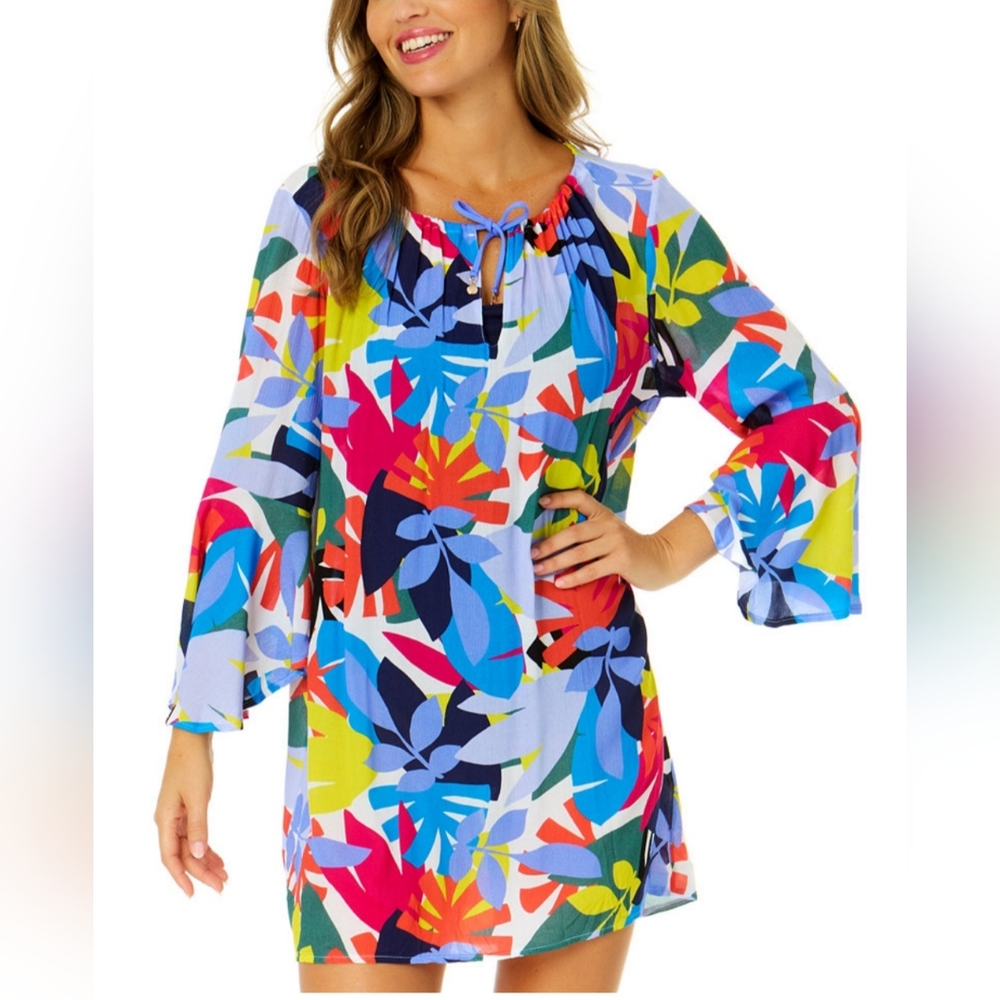 NWT Anne Cole Floral V-Neck Tunic Swim Coverup with Bell Sleeves (Size: XS)